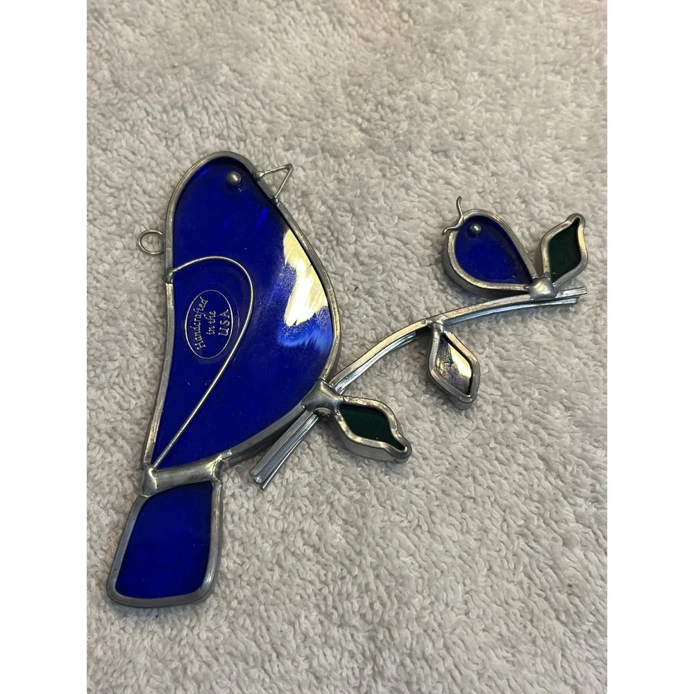 Handcrafted USA Stained Glass Blue Bird Suncatcher Cobalt Blue Window Decor 5.5